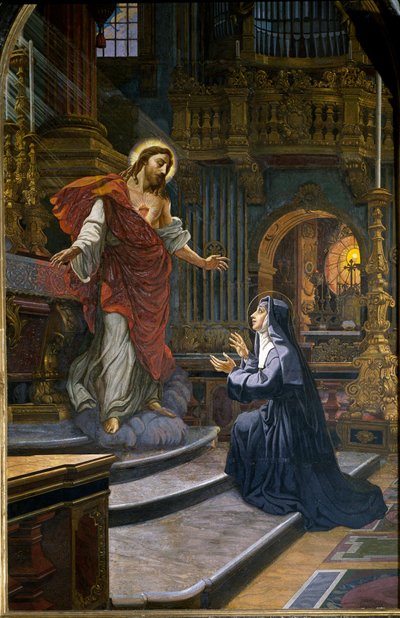 ظهور يسوع للقديس مارغريت ماري (مارغريت ماري) ألاكوك (1647-1690) صوفي من وسام الزيارة الفسيفسائية. كاتدرائية القديس بطرس في روما (الفاتيكانو ، سان بيترو) بواسطة فنان غير معروف
