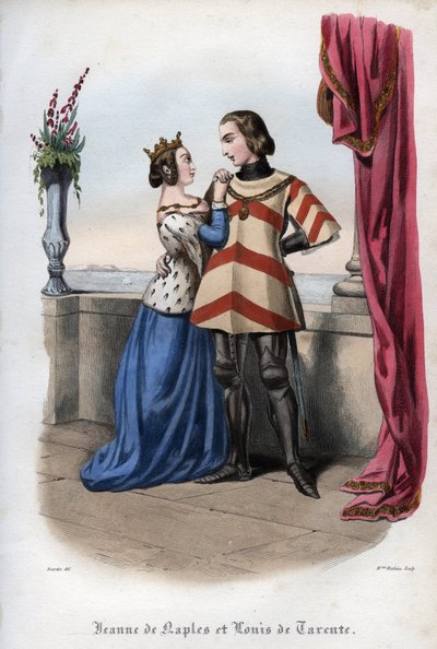 جوان الأول (جين إيري دانجو) (1326-1382) ، ملكة نابولي ولويس ، أمير تارانتو (لويس دي تارانتو) (1320-1362). نقش من عام 1842 في "تاريخ الباباوات" لموريس لاشاتر. مجموعة خاصة. بواسطة فنان غير معروف