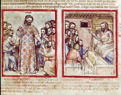 جوزيف يعاني من مرض خطير في سن 110 يغفر لإخوته الذين يسجدون له مصغر من مجلد 212 (أو كود بادوفانو أو الكتاب المقدس لبادوا) 1390-1400 روفيغو ، أكاديميا دي كونكوردي بواسطة فنان غير معروف