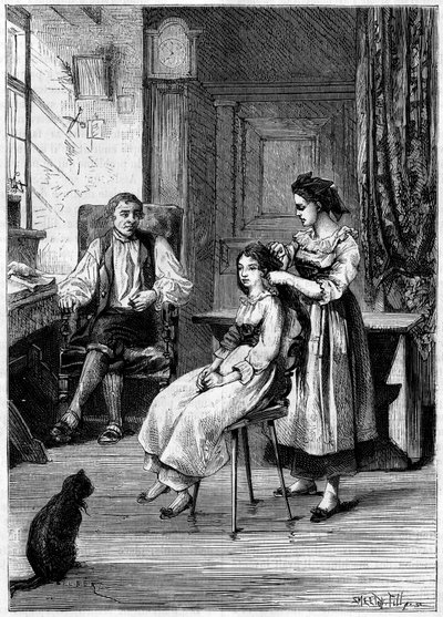 خوسيه هيلمان (1796-1848) ، مخترعة فرنسية ، تراقب بناتها تمشط شعرهن. لقد استدعى نفسه في هذا المشهد ليخلق المشكل الميكانيكي في عام 1843. نقش في "" La Nature: revue des sciences et de ses applications aux arts et a l'industrie " بواسطة فنان غير معروف