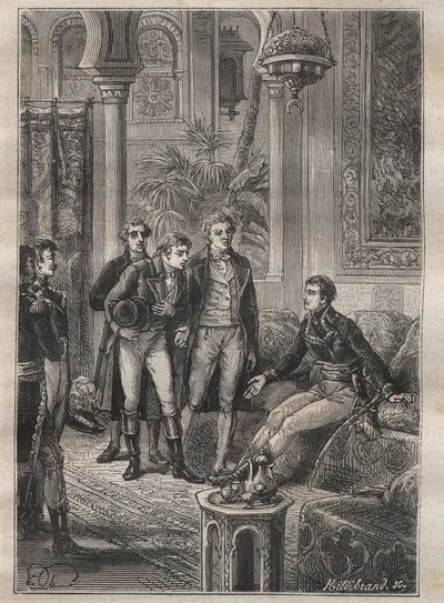 رحلة (1798) لفريدريك كونراد (كونراد) هورنمان (1772-1801) إلى فزان (ليبيا): رحب بونابرت بهورنمان في القاهرة (مصر) - رسم توضيحي من "البحارة العظماء في القرن الثامن عشر" بواسطة فنان غير معروف