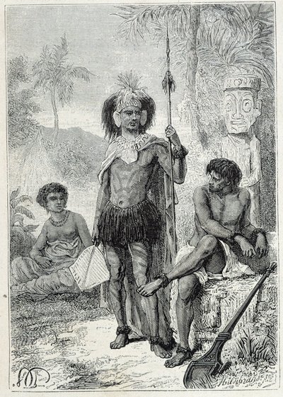 رحلة الكابتن جيمس كوك (1728-1779): سكان جزر ماركيساس - رسم مأخوذ من "البحارة العظماء في القرن الثامن عشر" بواسطة فنان غير معروف