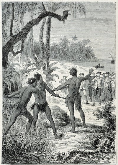 رحلة الكابتن جيمس كوك (1728-1779) إلى نيو جيني: أول لقاء مع السكان الأصليين ، رسم توضيحي مأخوذ من "البحارة العظماء في القرن الثامن عشر" بواسطة فنان غير معروف