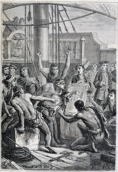 رحلة صموئيل واليس (1728-1795) إلى بولينيزيا: إيتون أصلية بواسطة مرآة - رسم توضيحي مأخوذ من "البحارة العظماء في القرن الثامن عشر" بواسطة فنان غير معروف