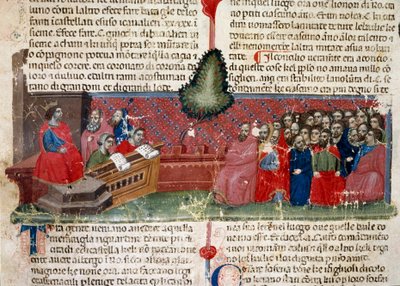 جول سيزار (101-44 قبل الميلاد) على العرش تفاصيل صفحة مخطوطة بعنوان "حقائق عن الرومان" (Ms 1538) حوالي 1340 فلورنسا ، مكتبة ريكارديانا بواسطة فنان غير معروف