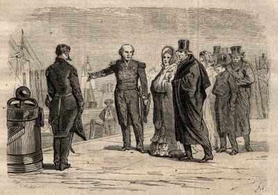 Jules Dumont d'Urville (1790-1842) يقود تشارلز X والعائلة المالكة في إنجلترا 16 أغسطس 1830 - نقش في "Dictionnaire الشعبية اللامعة" - 1864 - بواسطة جوزيف ديسمبري وإدموند ألونييه - بواسطة فنان غير معروف