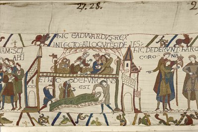 الملك إدوارد المعترف على فراش الموت ، Bayeux Tapestry (تطريز من الصوف على الكتان) بواسطة فنان غير معروف