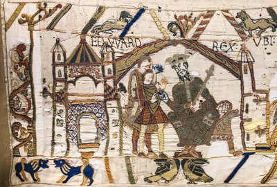 الملك إدوارد المعترف يرسل هارولد إلى نورماندي ، Bayeux Tapestry (تطريز صوف على الكتان) بواسطة فنان غير معروف
