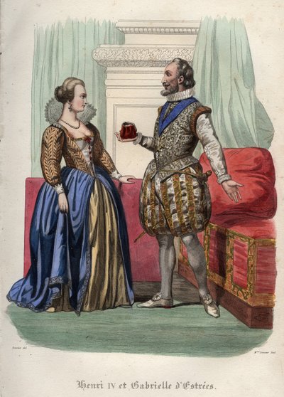 ملك فرنسا هنري الرابع (هنري الرابع) (1553-1610) وعشيقته غابرييل ديستريس (1573-1599). نقش من عام 1842 في "تاريخ الباباوات" لموريس لاشاتر. مجموعة خاصة. بواسطة فنان غير معروف