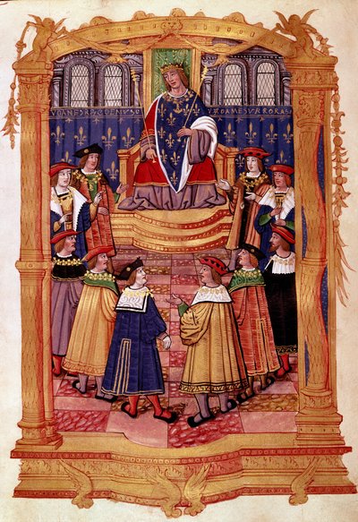 الملك لويس الحادي عشر (1423-1483) وفرسان وسام القديس ميخائيل المصغر من مخطوطة "النظام الأساسي لأمر القديس ميخائيل" "القرن الخامس عشر ميلانو ، مكتبة تريفولزيانا بواسطة فنان غير معروف