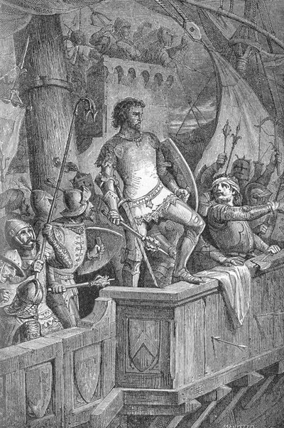 Knut the Great (Canut I) (994 أو 995-1035) - Cnut the Great's men on the London Bridge ، تحت هجوم أولاف الثاني من النرويج (Olaf II of Norway) - نقش في "" Kaiser ، Konig une Papst "بقلم ريتشارد روث بواسطة فنان غير معروف