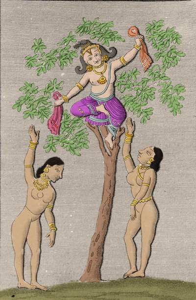 كريشنا تحلق مع اثنين من gopis. نقش في "" الآثار القديمة والحديثة لهندوستان "بقلم إل إم لانجلز ، باريس 1821. بواسطة فنان غير معروف