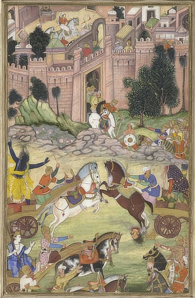 كريشنا يقتل شيطان سري غالا (مشهد من Harivamsa). حوالي 1585-95 بواسطة غير معروف