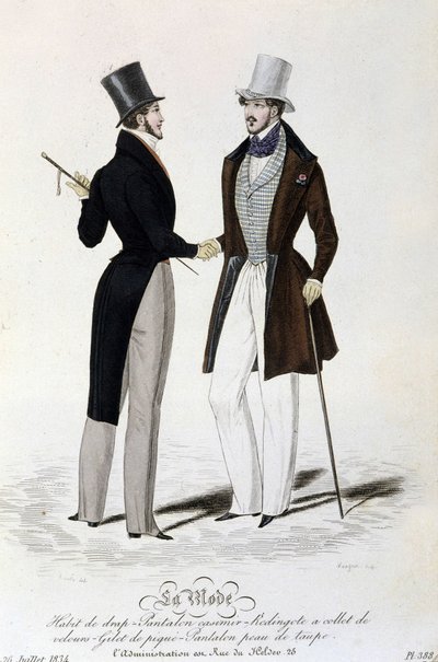 La Mode du 26 juillet 1834: (أزياء رجالية) بدلة ملاءة - بنطلون Casimir - Redingote مع ياقة مخملية - سترة من البيكيه - بنطلون جلد بني داكن وقبعة علوية. بواسطة فنان غير معروف