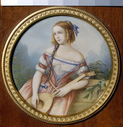 الممثلة الروسية فارفارا أسينكوفا (1817-1841) ، في دور إزميرالدا مأخوذة من "نوتردام دي باريس" للمخرج فيكتور هوغو (1802-1885). (الممثلة الروسية فارفارا أسينكوفا بدور إزميرالدا). عمل مجهول ، ألوان مائية على ورق بواسطة فنان غير معروف