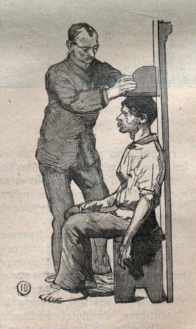 قياس الأنثروبومترية القضائية أو Bertillonage ، طريقة ألفونس بيرتيلون (1853-1914): قياس تمثال نصفي - نقش في "La Science francaise" بواسطة فنان غير معروف