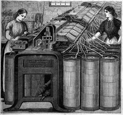 الصناعات الإنجليزية الكبيرة: غزل القطن والتر إيفانز في إنجلترا عام 1863. تعويم القطن. بواسطة فنان غير معروف