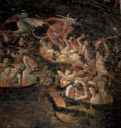 الحكم الأخير: اللعنة على العالم السفلي تعذبها المخلوقات الشيطانية. تفاصيل جدارية 1474-1484. كاتدرائية سانت سيسيل في ألبي. بواسطة فنان غير معروف