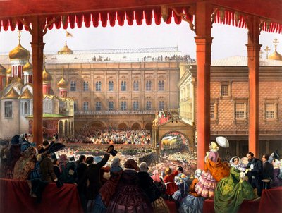 "" تتويج الإمبراطور ألكسندر الثاني (1818-1881) في 18/02/1855 "" منظر للحشود - مطبوعة حجرية مجهولة بواسطة فنان غير معروف