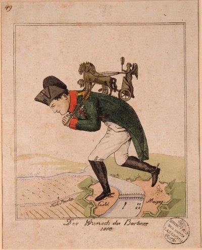 "أمنية سكان برلين" (أمنية سكان برلين) صورة كاريكاتورية للإمبراطور نابليون الأول (1769-1821) يحمل على ظهره كوادريجا بوابة براندنبورغ لعبور ماينز أثناء حصار القلعة. بواسطة فنان غير معروف