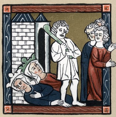 الأسطورة Arthurienne: Lancelot du lac delivre الملكة Guenievre وصديقتها للقلعة التي أغمي عليها وهرب السكان. في "" Geschichte der Franzosischen Literatur "" بقلم هيرمان سوشيير بواسطة فنان غير معروف