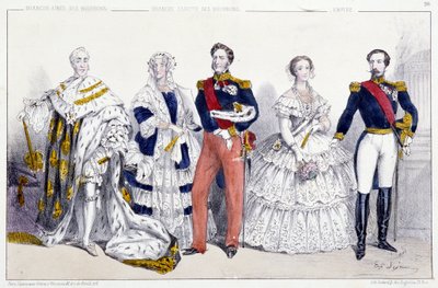 Les Bourbons et l'Empire: Charles X (1757-1836) ، Marie Amelie de Bourbon Sicily (1782-1866) and Louis Philippe I (1773-1850) ، Eugenie de Montijo (1826-1920) Napoleon III (1808-1873) - بلاج مستخرج من ملوك وملكات فرنسا في المطبوعات ، باريس ، محرر. Sw بواسطة فنان غير معروف