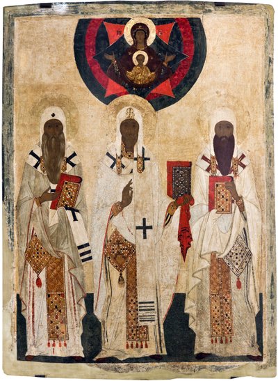 Les trois Saints Eveques de Rostov: Isaie (mort en 1090) ، Leonce (mort en 1077) ، Ignace (mort en 1288) - أيقونة روسية: أساقفة روستوف الثلاثة: أشعيا ، ليونتيوس وإغناطيوس. تمبرا على لوحة ، أواخر القرن الخامس عشر ، متحف الدولة المفتوح روستوف كرملين بواسطة فنان غير معروف