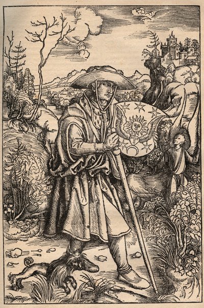 L'image du Pelerin - الحاج مع كلبه أمام قلعة ، رسم توضيحي من طبعة لأوبرا يوهانس جيرسون (JEAN CHARLIER DE GERSON) نُشرت عام 1514 بواسطة فنان غير معروف