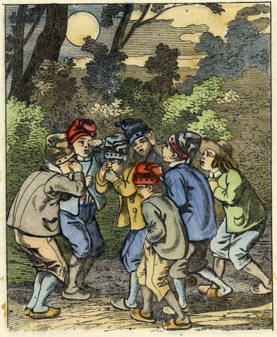 ليتل بوكيه وإخوته فقدوا في الغابة. رسم توضيحي لحكاية "Le Pepetit Poucet" للكاتب تشارلز بيرولت بواسطة فنان غير معروف