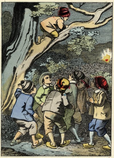 يتسلق Poucet الصغير على شجرة ويبحث عن طريقه. إنه يلتقط الضوء في الغابة. رسم توضيحي لحكاية تشارلز بيرولت "" Le Pepetit Poucet " بواسطة فنان غير معروف