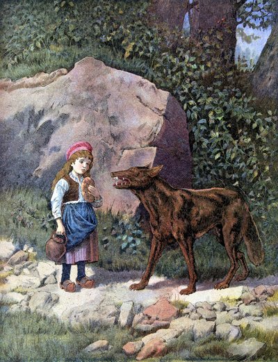 الرداء الأحمر يلتقي الذئب في الغابة - في "" Les Tales de Perrault "" بواسطة فنان غير معروف