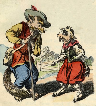 طفل صغير يتحدث مع ماستر فوكس. رسم توضيحي لحكاية "Bon Medor and Little Chevrette" ". في "" حكايات من المنزل للصغار "". نقش مجهول من القرن التاسع عشر. بواسطة فنان غير معروف