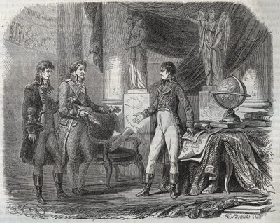 اللورد كورنواليس (1738-1805) التفاوض على معاهدة أميان (1802) مع نابليون بونابرت (1769-1821) - سلام أميان ، فرنسا - المعاهدة الموقعة في مارس 1802 والتي أنهت الحروب الثورية بواسطة فنان غير معروف