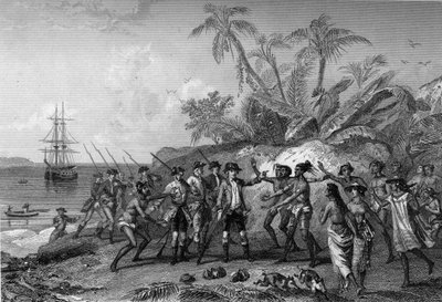 لويس أنطوان كونت دي بوغانفيل ، الملاح الفرنسي (1729-1811) ، يقترب من جزر المركيز في تاهيتي ، 6 أبريل بواسطة فنان غير معروف