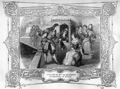 لويس الرابع عشر وفرانسواز دوبيني ، ماركيز (مدام) من مينتينون (1634-1719) في شاتو دي مارلي. نقش القرن التاسع عشر بعد "" ألغاز قلاع فرنسا القديمة أو الحب السري للملوك والملكات "". مجموعة Bianchetti بواسطة فنان غير معروف