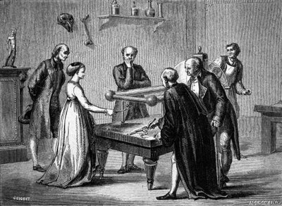 اكتشف لويجي جالفاني ، الأستاذ في بولونيا ، في عام 1780 تهيج عضلات الضفادع بالكهرباء. نقش القرن التاسع عشر. بواسطة فنان غير معروف