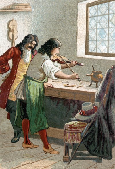 Luthier Stradivarius (أنطونيو ستراديفاري) (1644-1737) في ورشته. الطباعة الحجرية الملونة في القرن التاسع عشر بواسطة فنان غير معروف