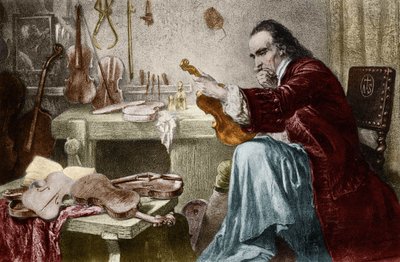 Luthier Stradivarius (أنطونيو ستراديفاري) (1644-1737) في ورشته. نقش هامان مصمم فيولين أنطونيو ستراديفاري (ستراديفاريوس) في العمل. بواسطة فنان غير معروف