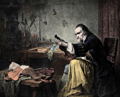 Luthier Stradivarius (أنطونيو ستراديفاري) (1644-1737) في ورشته. نقش هامان مصمم فيولين أنطونيو ستراديفاري (ستراديفاريوس) في العمل. بواسطة فنان غير معروف