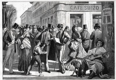 مدريد عام 1873. مشاة عند زاوية شارع إشبيلية وشارع الكالا. نقش من عام 1873. بواسطة فنان غير معروف