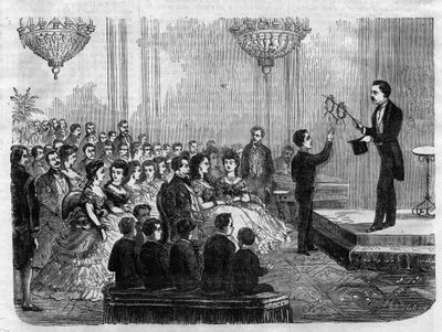 عرض سحري قدمه السيد فور نيكولاي في حضور الإمبراطور نابليون الثالث (1808-1873) وابنه الأمير إمبريال (1856-1879) في عام 1870 بواسطة فنان غير معروف