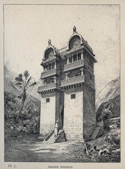 Maison Hindu (منزل هندوسي) - نقش عام 1889 في "تاريخ سكن الإنسان في المعرض العالمي لعام 1889 ، بواسطة السيد تشارلز غارنييه - Librairie centrale des beaux-Arts Paris 1889 بواسطة فنان غير معروف