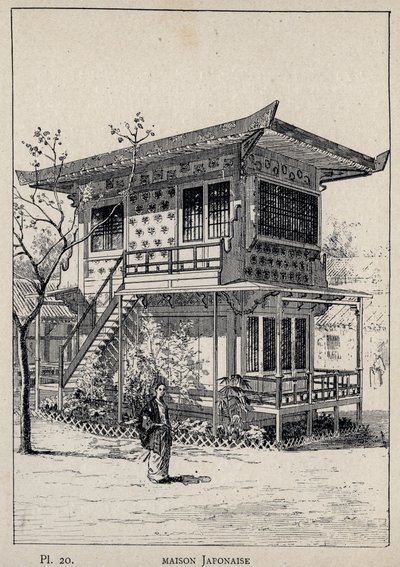منزل ياباني (منزل ياباني) - نقش عام 1889 في "تاريخ سكن الإنسان في المعرض العالمي لعام 1889 ، بواسطة السيد تشارلز غارنييه - Librairie centrale des beaux-Arts Paris 1889 بواسطة فنان غير معروف