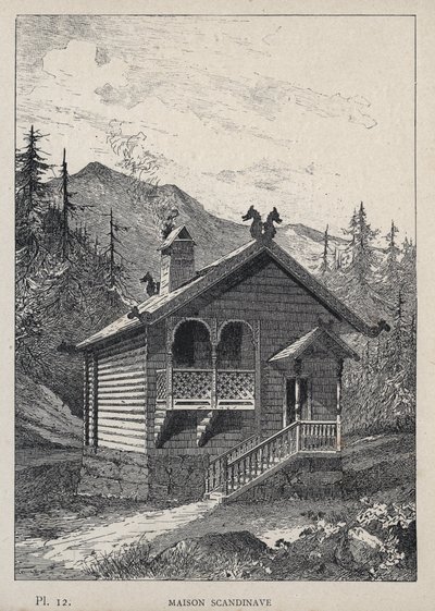 الدار الاسكندنافية (البيت الاسكندنافي) - نقش عام 1889 في "تاريخ سكن الإنسان في المعرض العالمي لعام 1889 ، للسيد تشارلز غارنييه - المكتبة المركزية للفنون الجميلة في باريس 1889 بواسطة فنان غير معروف