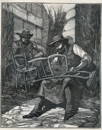 تصنيع الكراسي: تغطية الكراسي وضربها بالعصا. نقش من عام 1885 في "" Les Arts et metiers Illustres "" لأدولف بيتارد. بواسطة فنان غير معروف