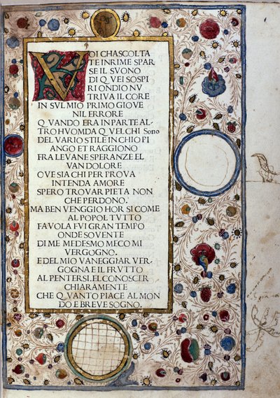 صفحة مخطوطة "Il Canzoniere" بقلم فرانشيسكو بتراركا (بتراركا) (1304-1374) 1493 بواسطة فنان غير معروف
