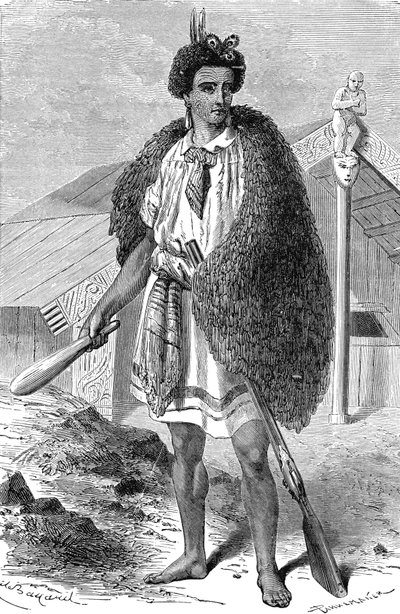 الشيف الماوري في محيط أوكلاند، نيوزيلندا. نقش 1885 بواسطة فنان غير معروف