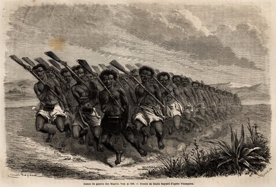 رقصة حرب الماوري ، رسم بواسطة إميل بايارد (1837-1891) ، لتوضيح رحلة فرديناند دي هوشستيتر إلى نيوزيلندا من 1858 إلى 1860. نقش في “Le tour du monde” ، تحرير إدوارد شارتون بواسطة فنان غير معروف