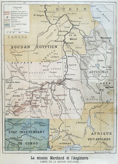 خريطة للمنطقة التي تم استكشافها من قبل البعثة مارشاند - في "" Le Petite Journal "" في 09/10/1898 بواسطة فنان غير معروف