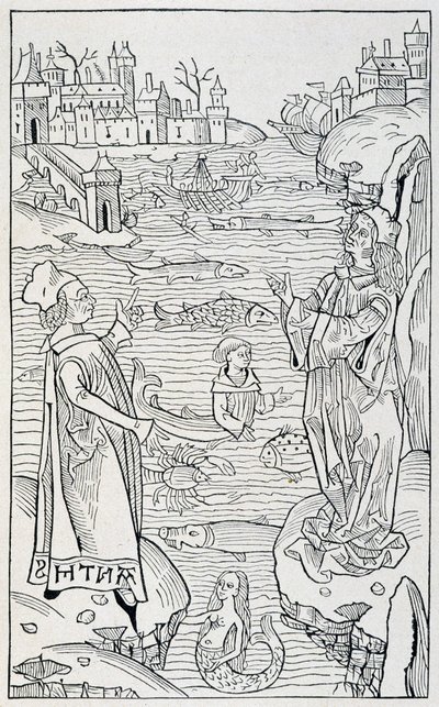 الحيوانات والوحوش البحرية - صفحة عنوان الفصل "De Piscibus" من "" Hortus Sanitatis "، طبعة ماينز لعام 1491 بواسطة فنان غير معروف